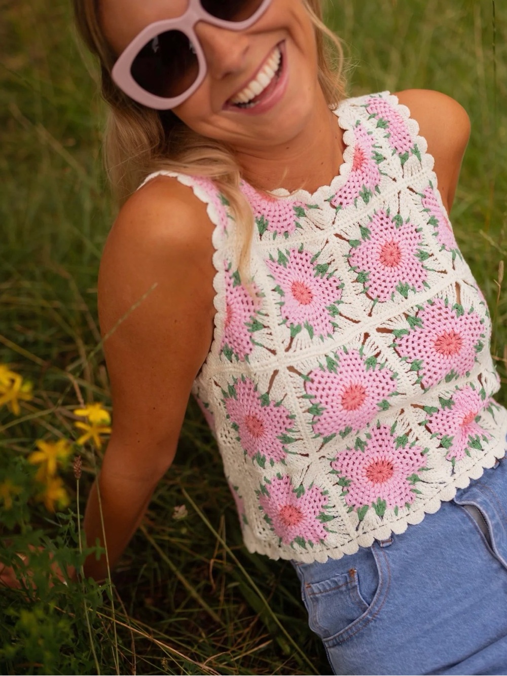 Crochet Floral Tank Top - Pink & Cream Crochet Knit